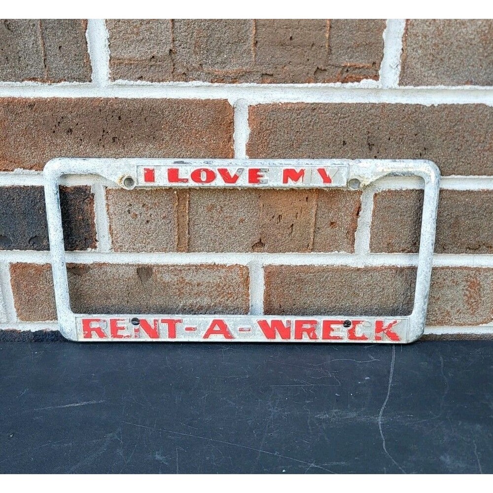 Vintage I Love My Rent A Wreck Metal License Plate Frame Rare 60s 70s